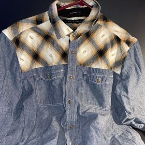 Sean John Blue Denim Shirt with Brown Plaid Accents